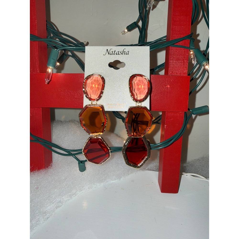Natasha Womens Gemstone Dangle Earrings Pink‎ Orange Red Gold Tone Statement